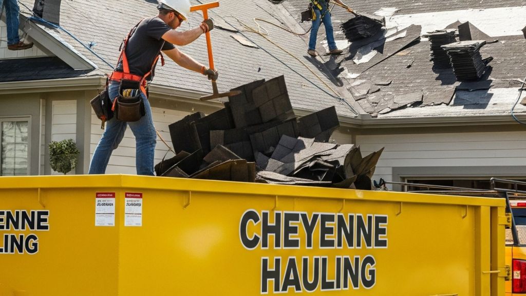 photo of roofing and our dumpster rentals in cheyenne www.cheyennehauling.com